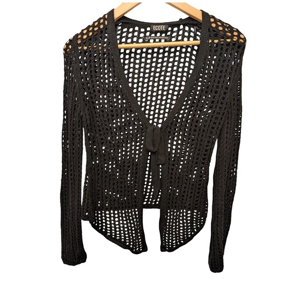 Ecote Sweaters - Ecote Black Crochet Knit Tie Front Long‎ Sleeve Cardigan Sweater Women Size S
